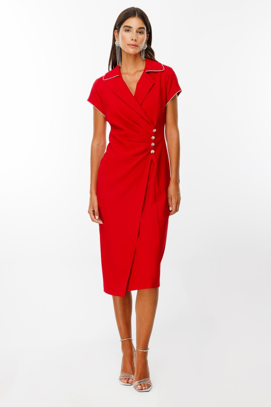 Bel Taş Şerit Büzgü Detay Kruvaze Elbise KIRMIZI