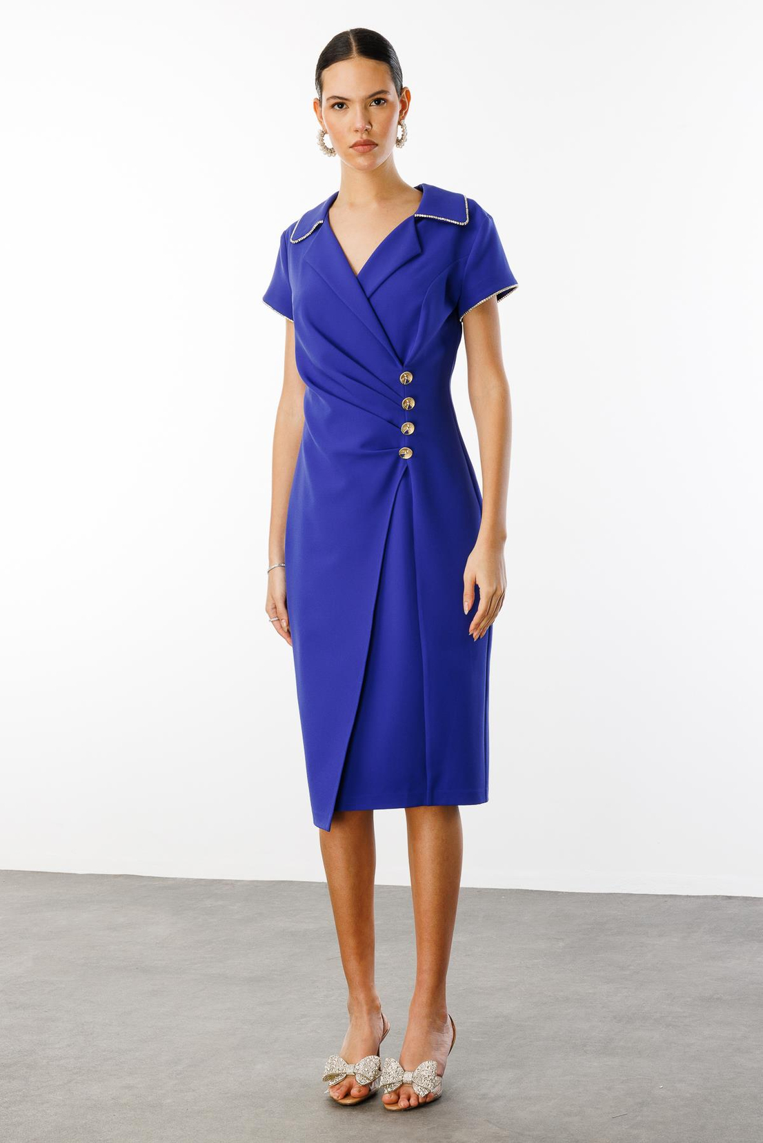 Bel Taş Şerit Büzgü Detay Kruvaze Elbise MOR