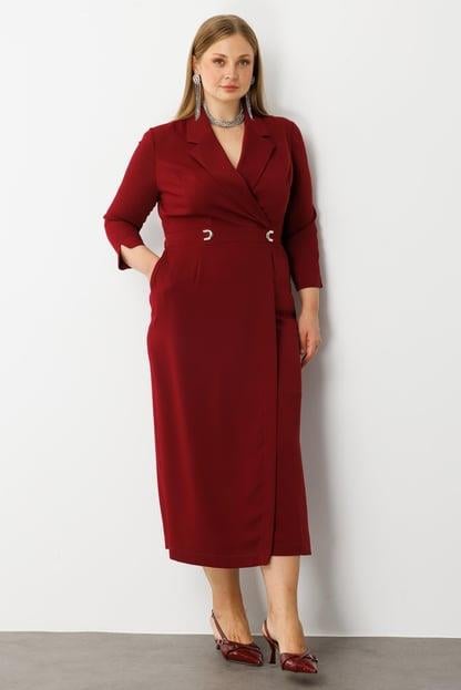 Beli Aksesuarlı Cepli Kruvaze Elbise BORDO