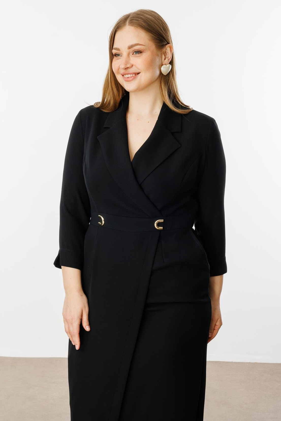 Beli Aksesuarlı Cepli Kruvaze Elbise SİYAH