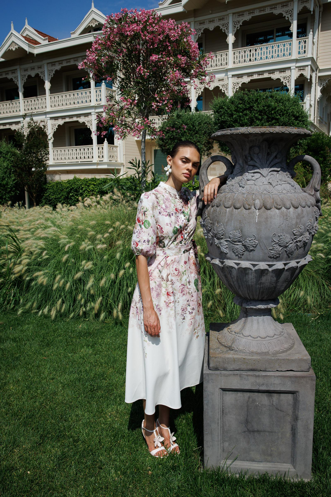 Birit Düğme Detaylı Keten Elbise EKRU