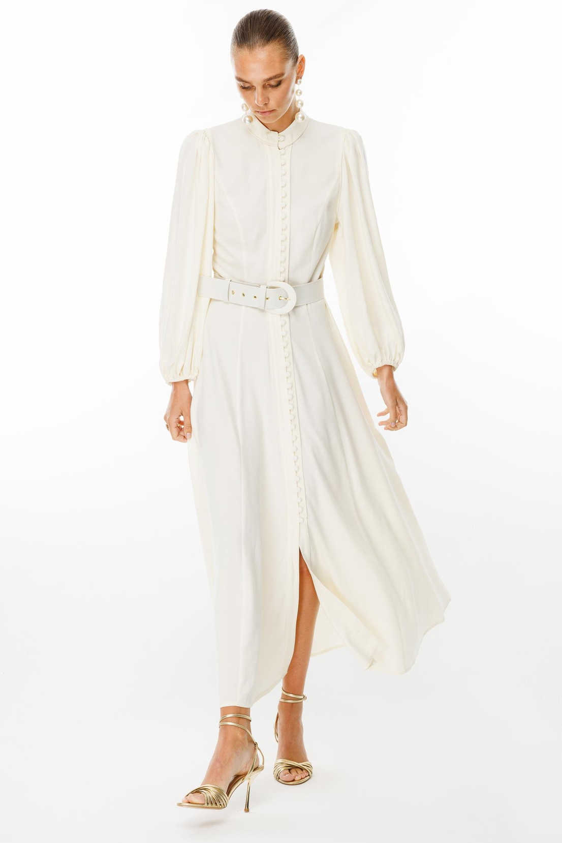 Birit Düğmeli Balon Kol Elbise KEMİK