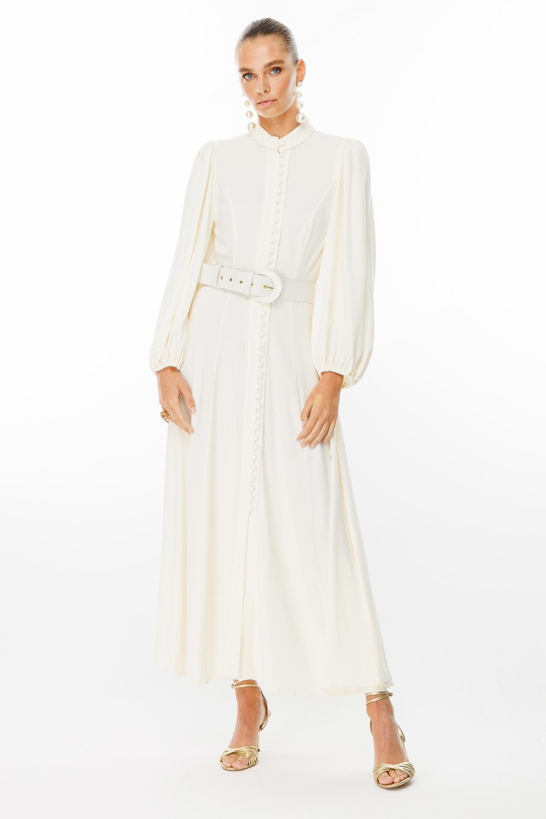 Birit Düğmeli Balon Kol Elbise KEMİK