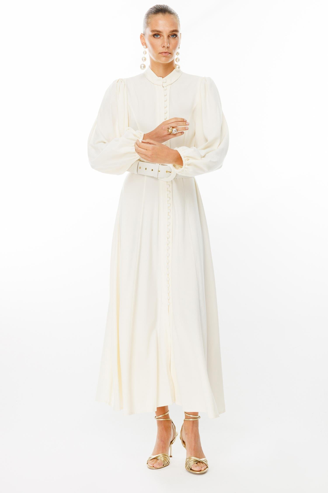 Birit Düğmeli Balon Kol Elbise KEMİK