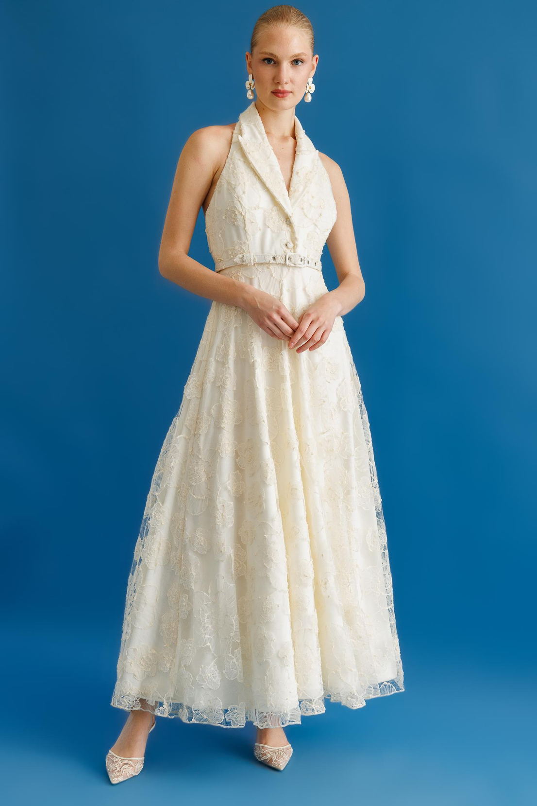 Ceket Yaka Halter Kol Uzun Elbise BEYAZ