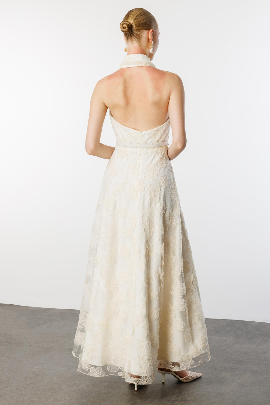 Ceket Yaka Halter Kol Uzun Elbise BEYAZ