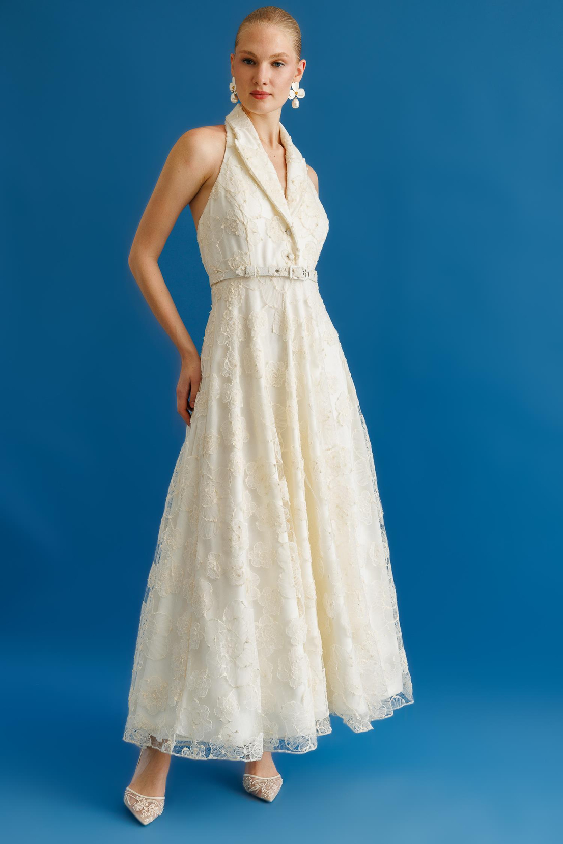 Ceket Yaka Halter Kol Uzun Elbise BEYAZ