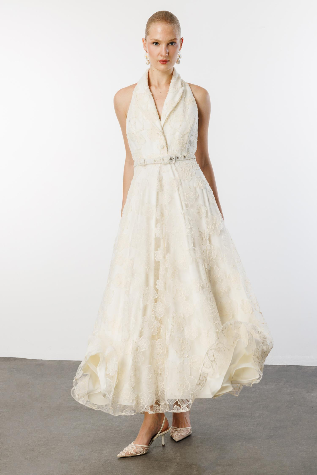 Ceket Yaka Halter Kol Uzun Elbise BEYAZ