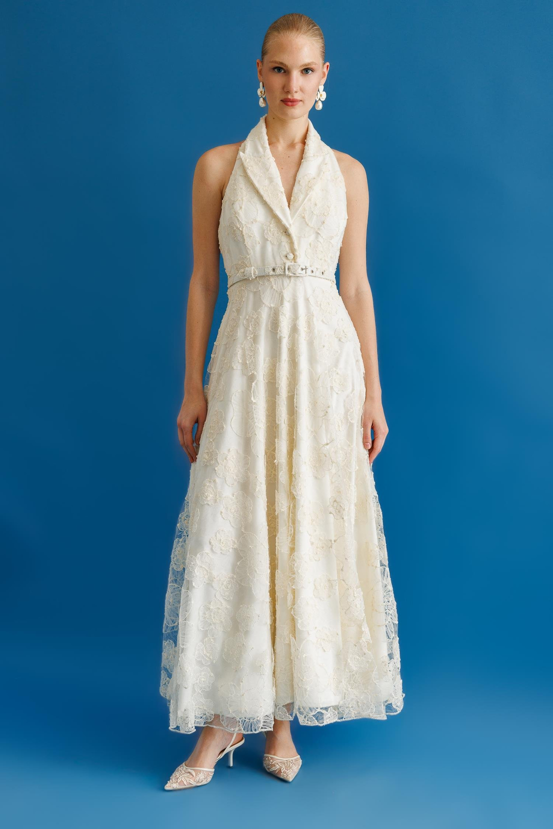 Ceket Yaka Halter Kol Uzun Elbise BEYAZ