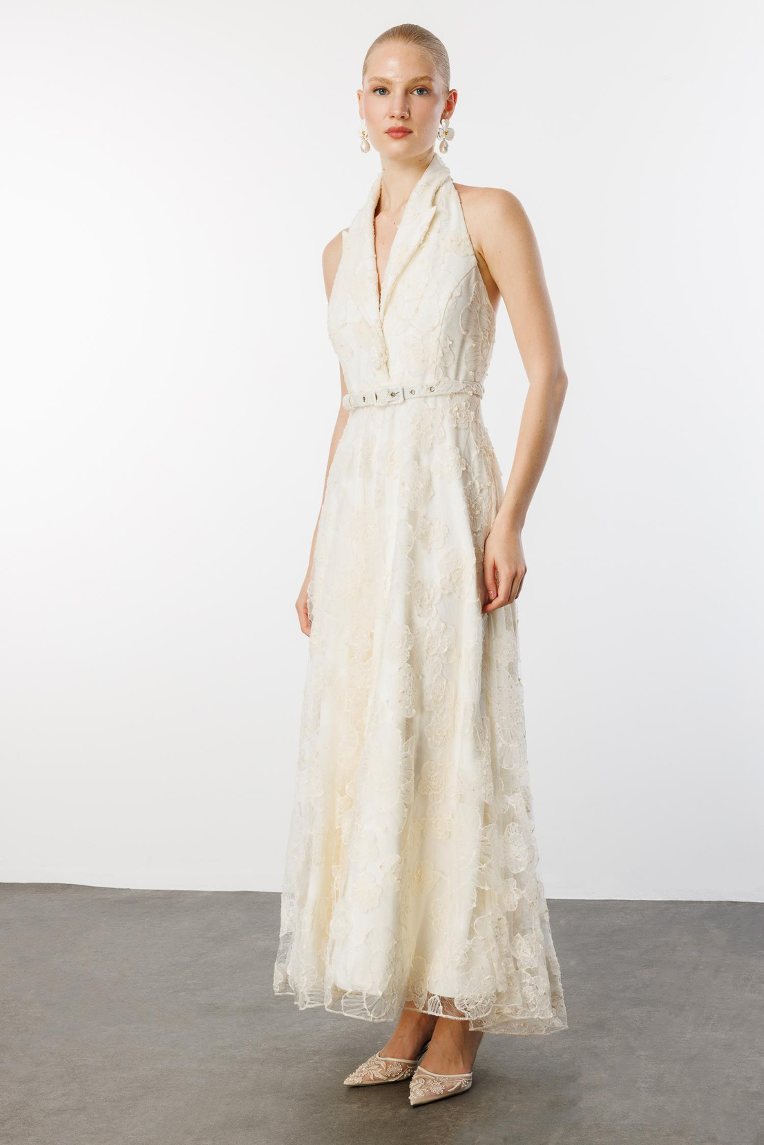 Ceket Yaka Halter Kol Uzun Elbise BEYAZ