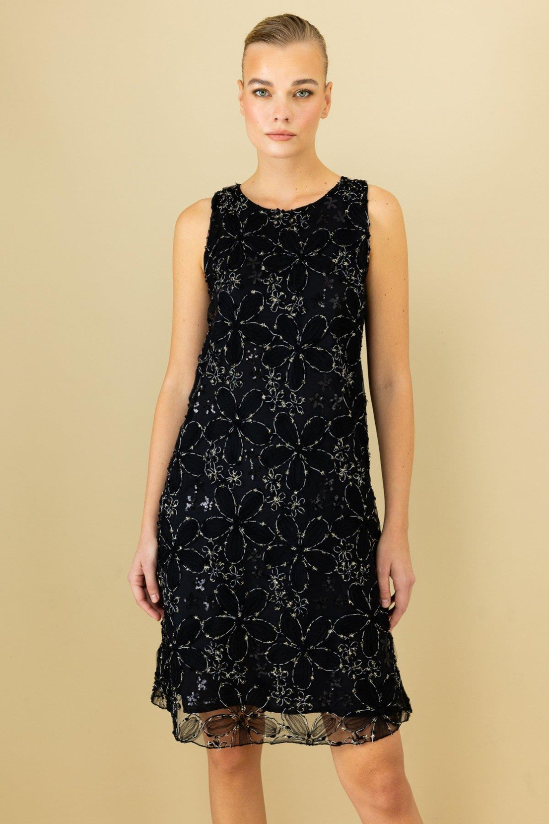 Çiçek Desenli Astarlı Kolsuz Elbise SİYAH