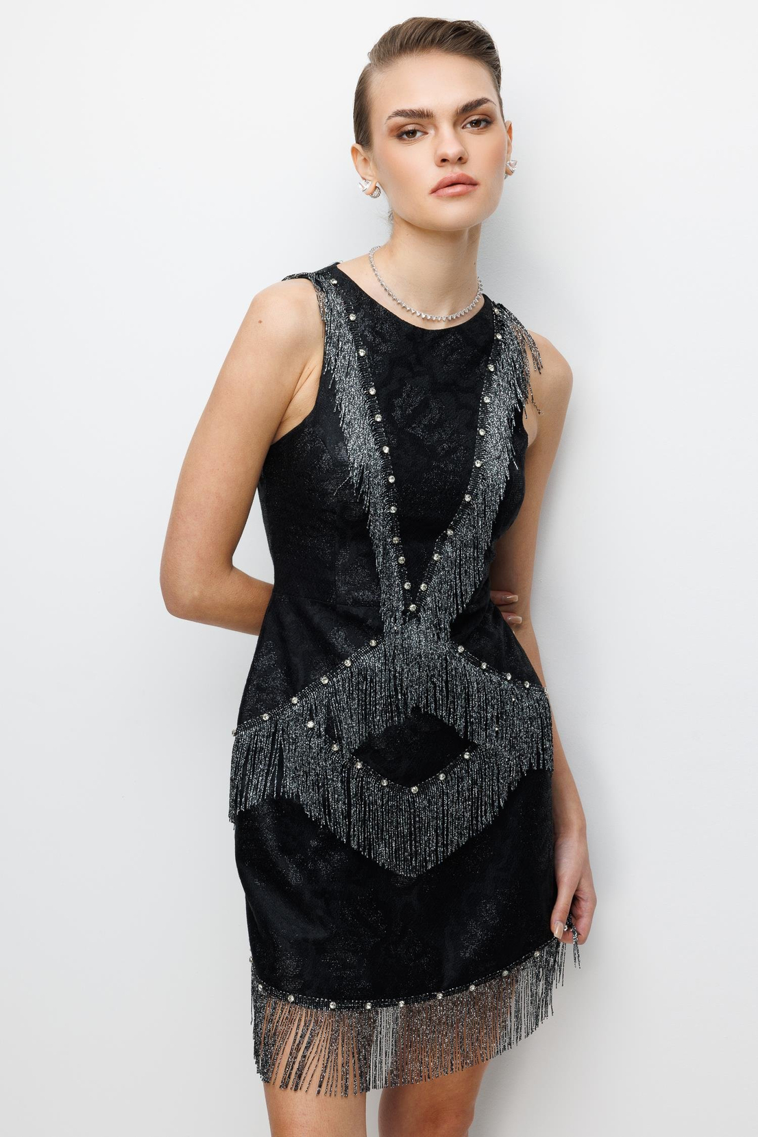 Çiçek Desenli Püskül Ve İşleme Detaylı Mini Elbise SİYAH