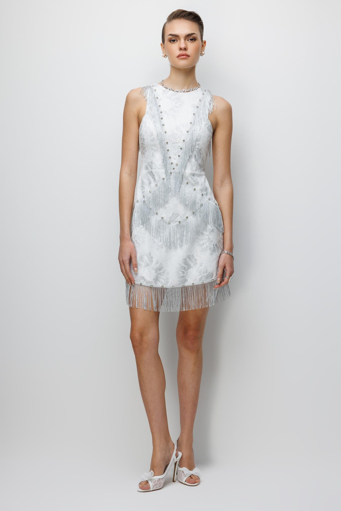 Çiçek Desenli Püskül Ve İşleme Detaylı Mini Elbise EKRU