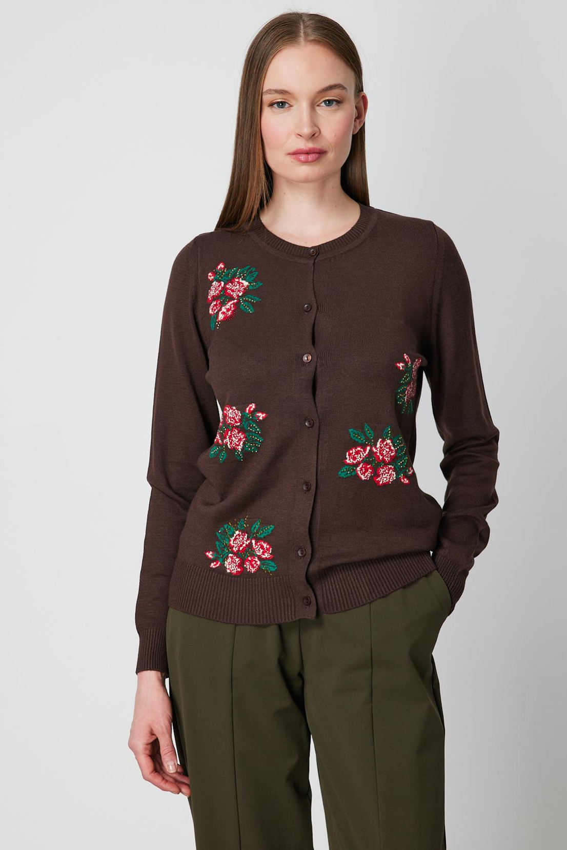 Çiçek Nakışlı Düğmeli Hırka KAHVE