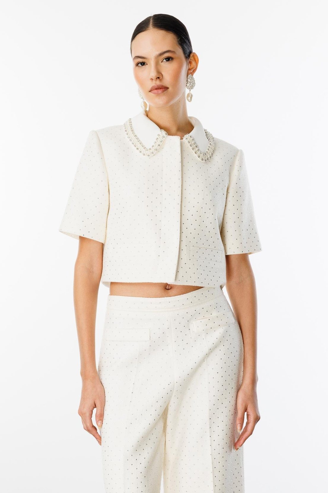 Çıkarılabilir Bebe Yaka Taş İşlemeli Düz Taşlı  Ceket Panolon Takım EKRU