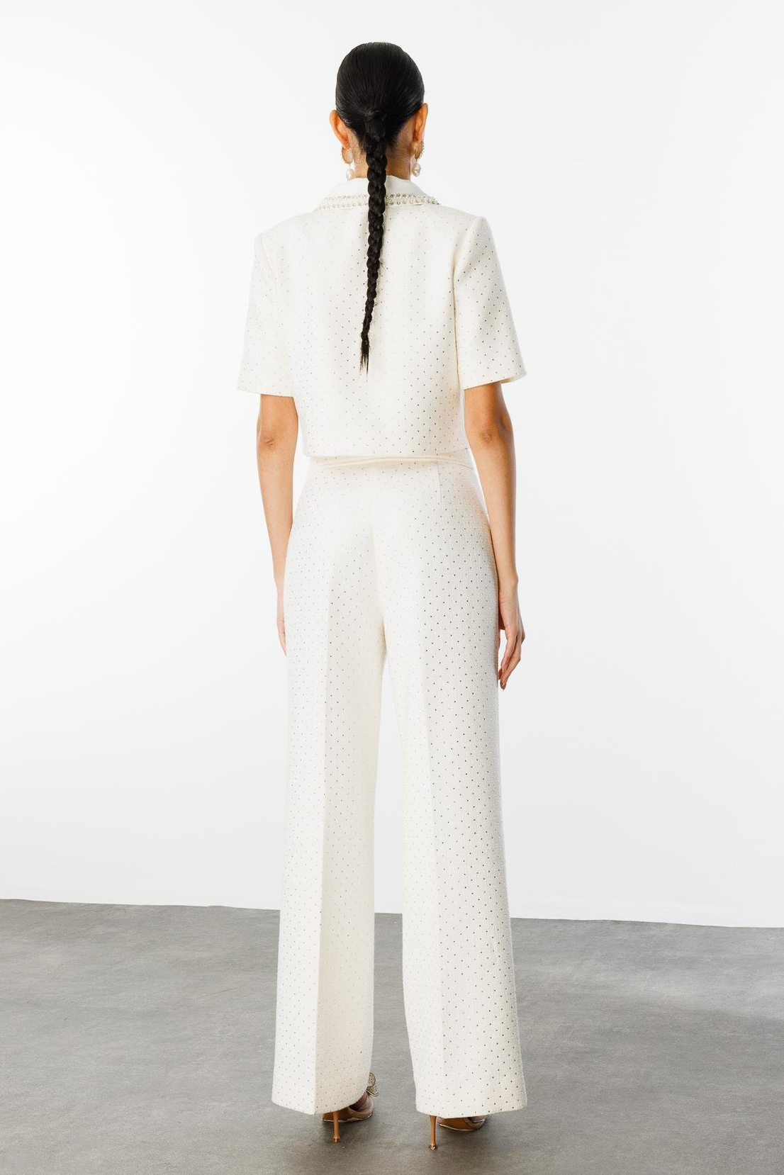 Çıkarılabilir Bebe Yaka Taş İşlemeli Düz Taşlı  Ceket Panolon Takım EKRU