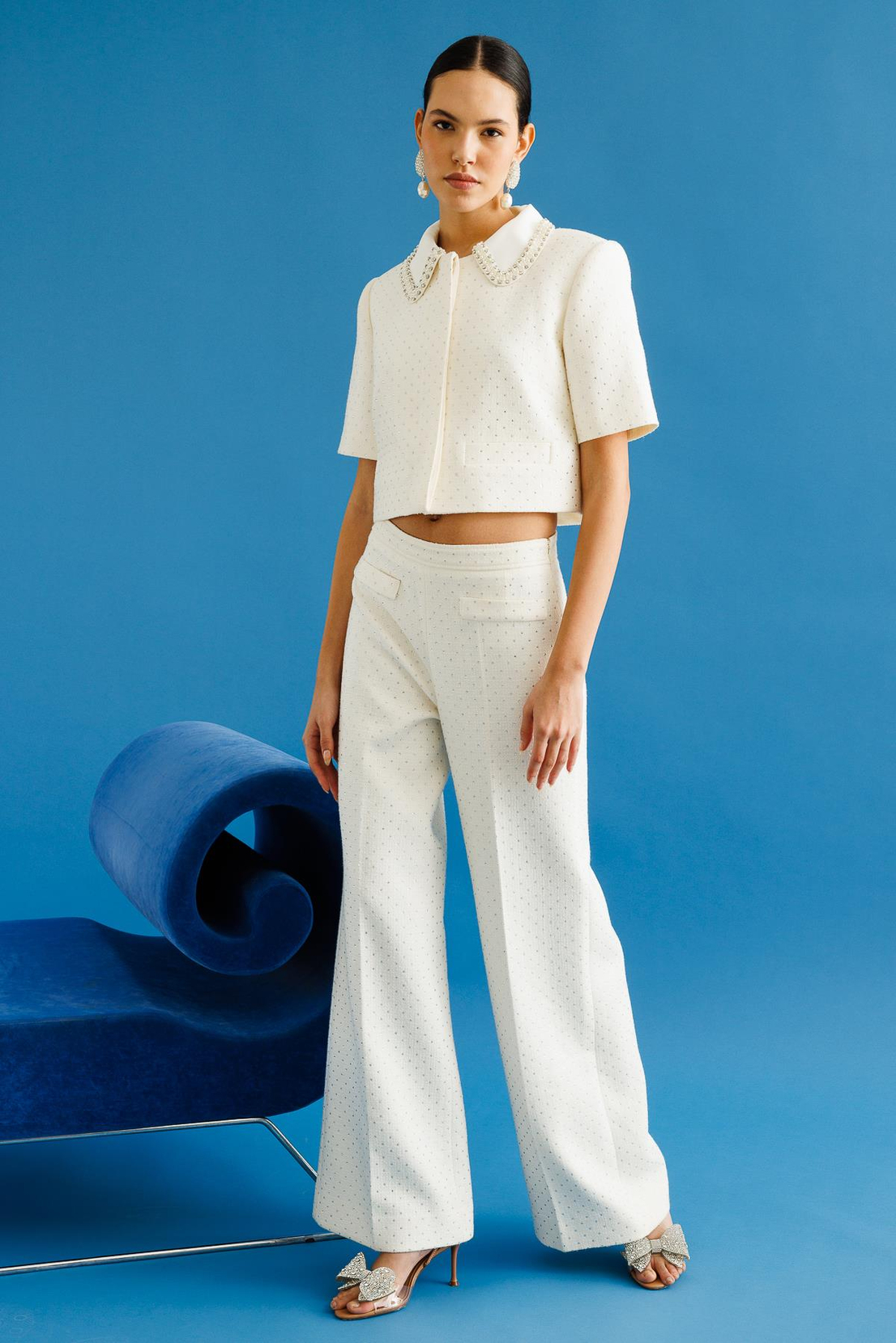 Çıkarılabilir Bebe Yaka Taş İşlemeli Düz Taşlı  Ceket Panolon Takım EKRU