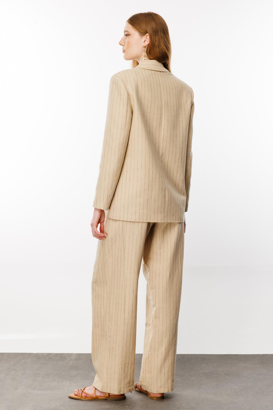 Çizgili Oversize Ceket BEJ