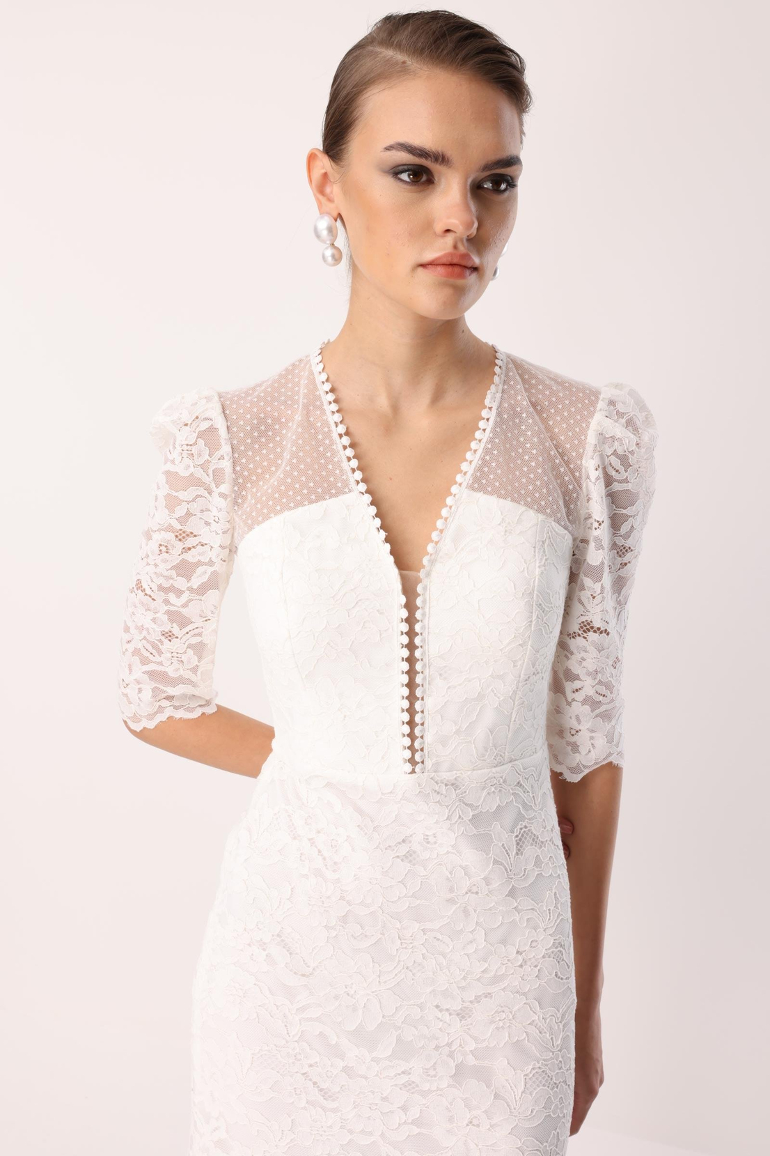 Dantel Detay Elbise EKRU