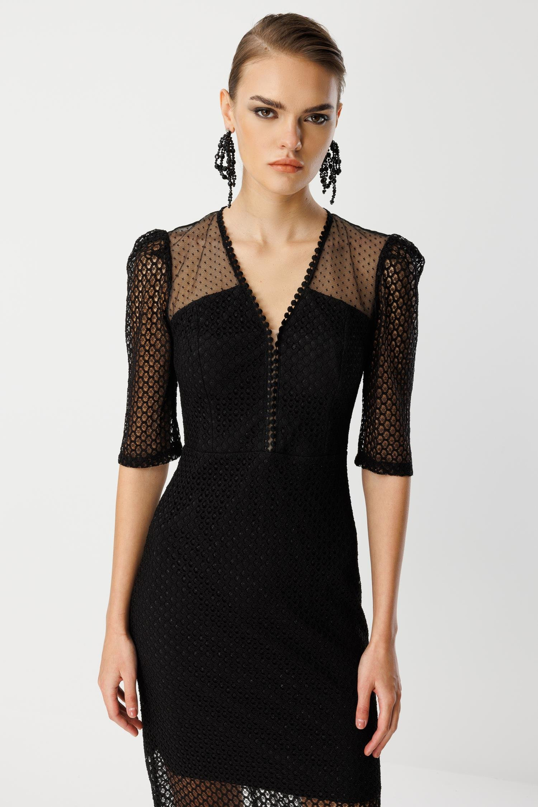 Dantel Detay Midi Elbise SİYAH