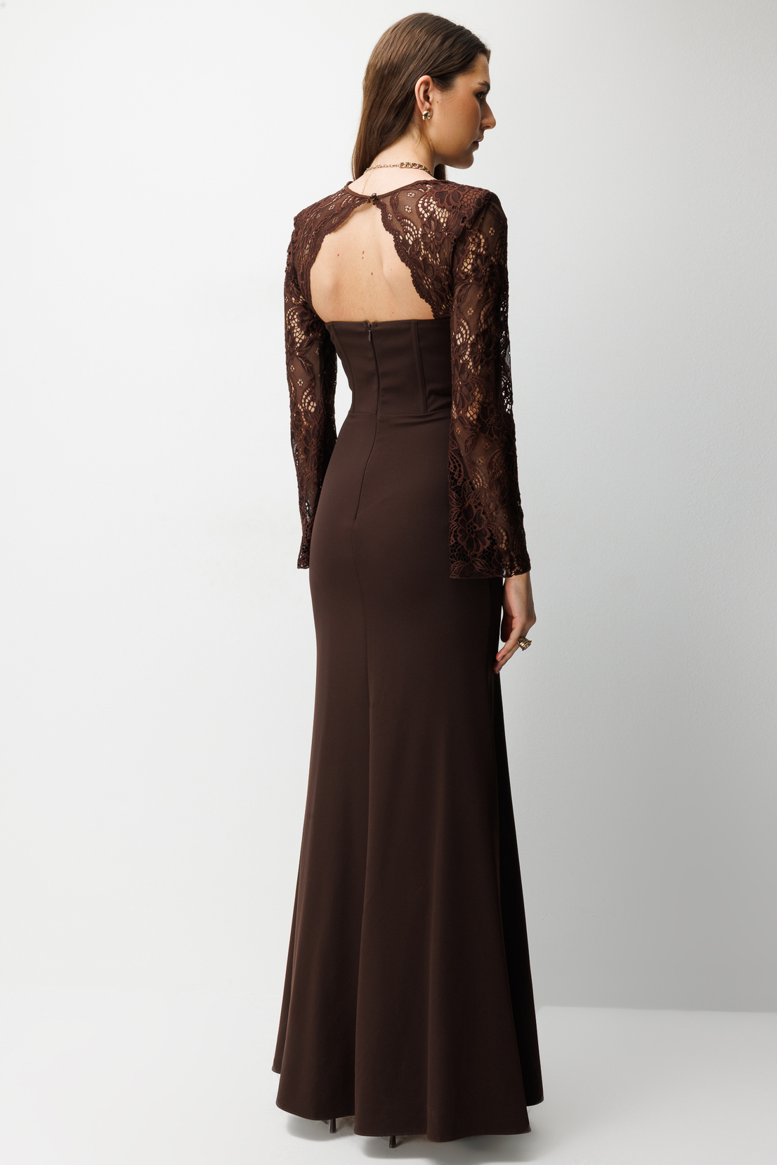 Dantel Detaylı Balık Model Elbise KAHVE