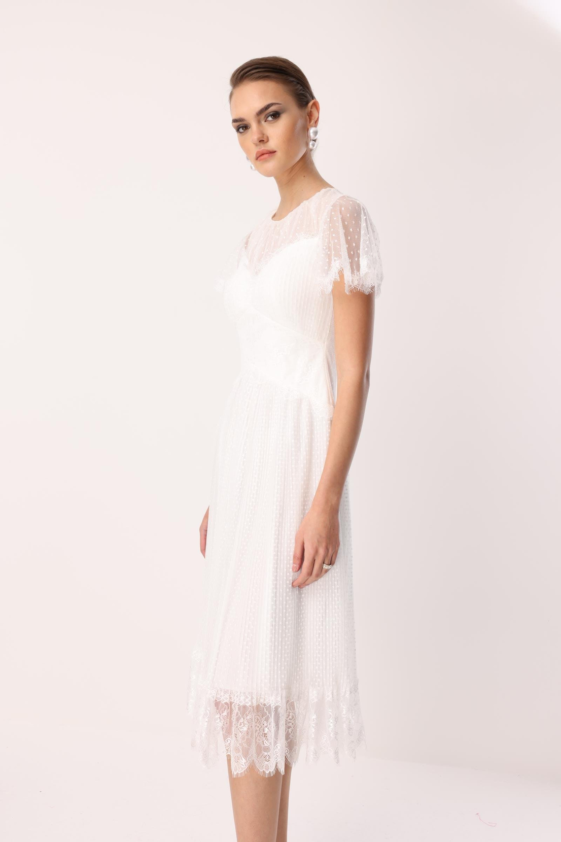 Dantel Garnili Tül Elbise EKRU