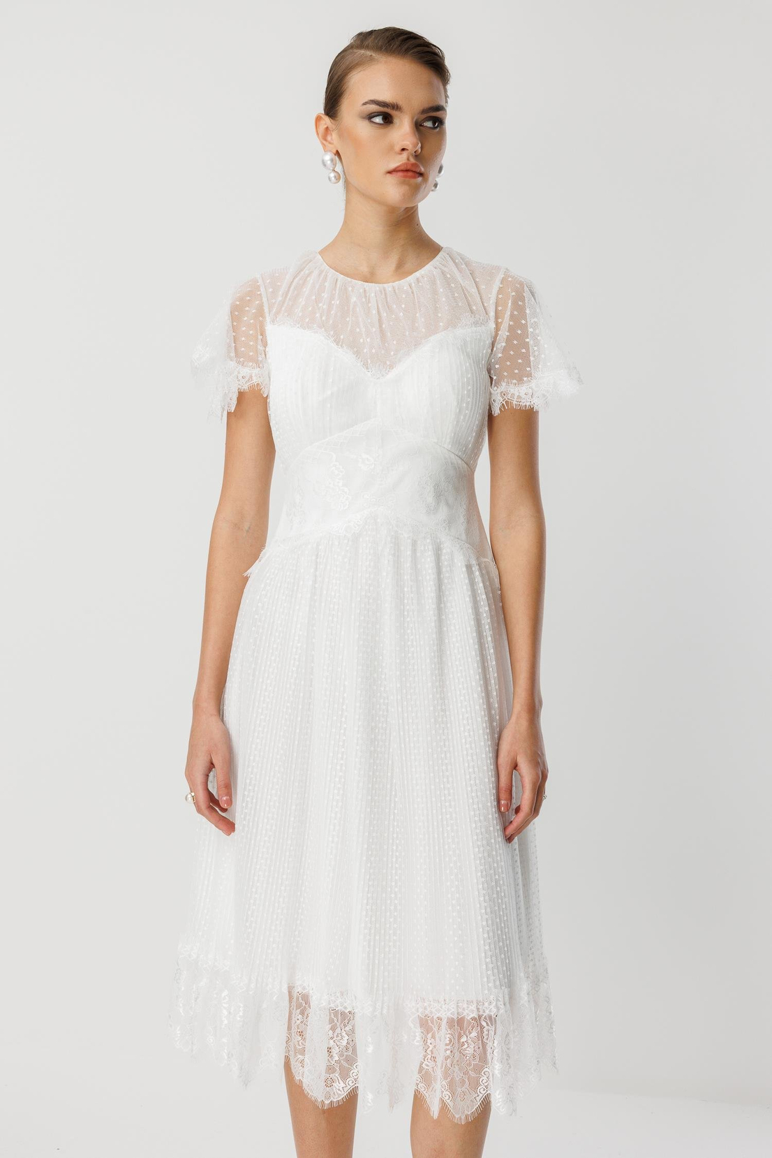 Dantel Garnili Tül Elbise EKRU