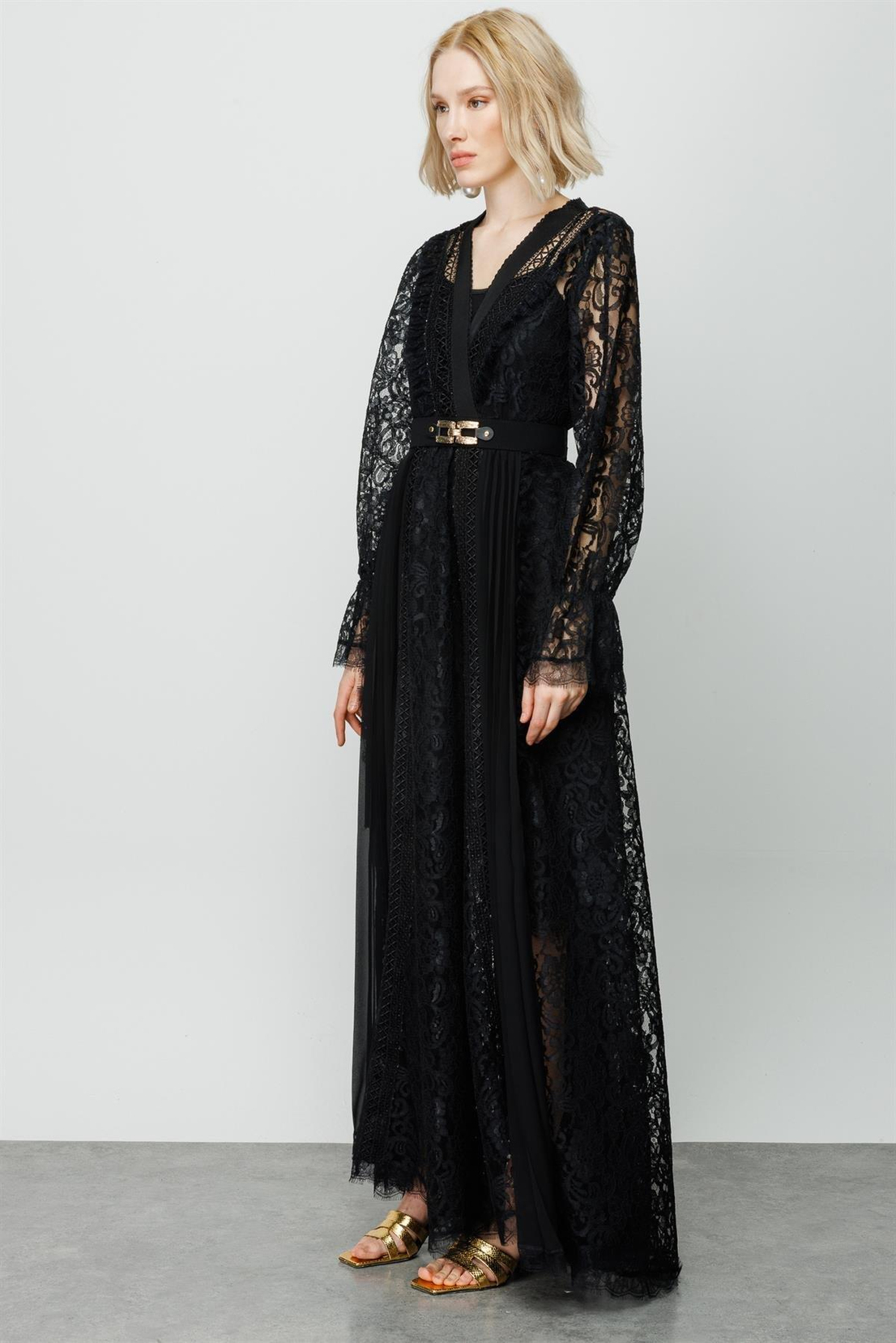 Dantel İşlemeli Kruvaze Elbise SİYAH