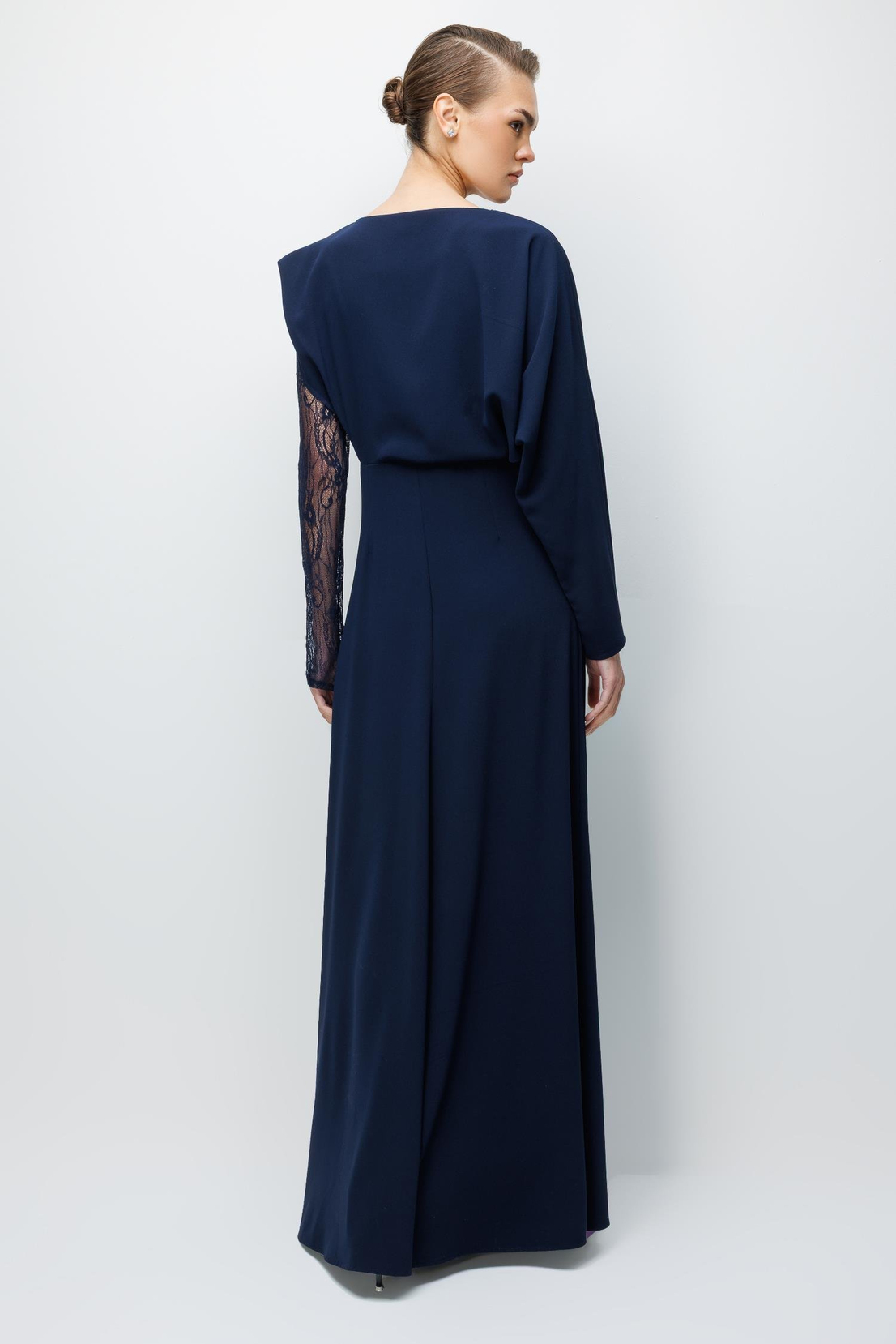 Dantel Kol Krep Yırtmaçlı Elbise LACİVERT