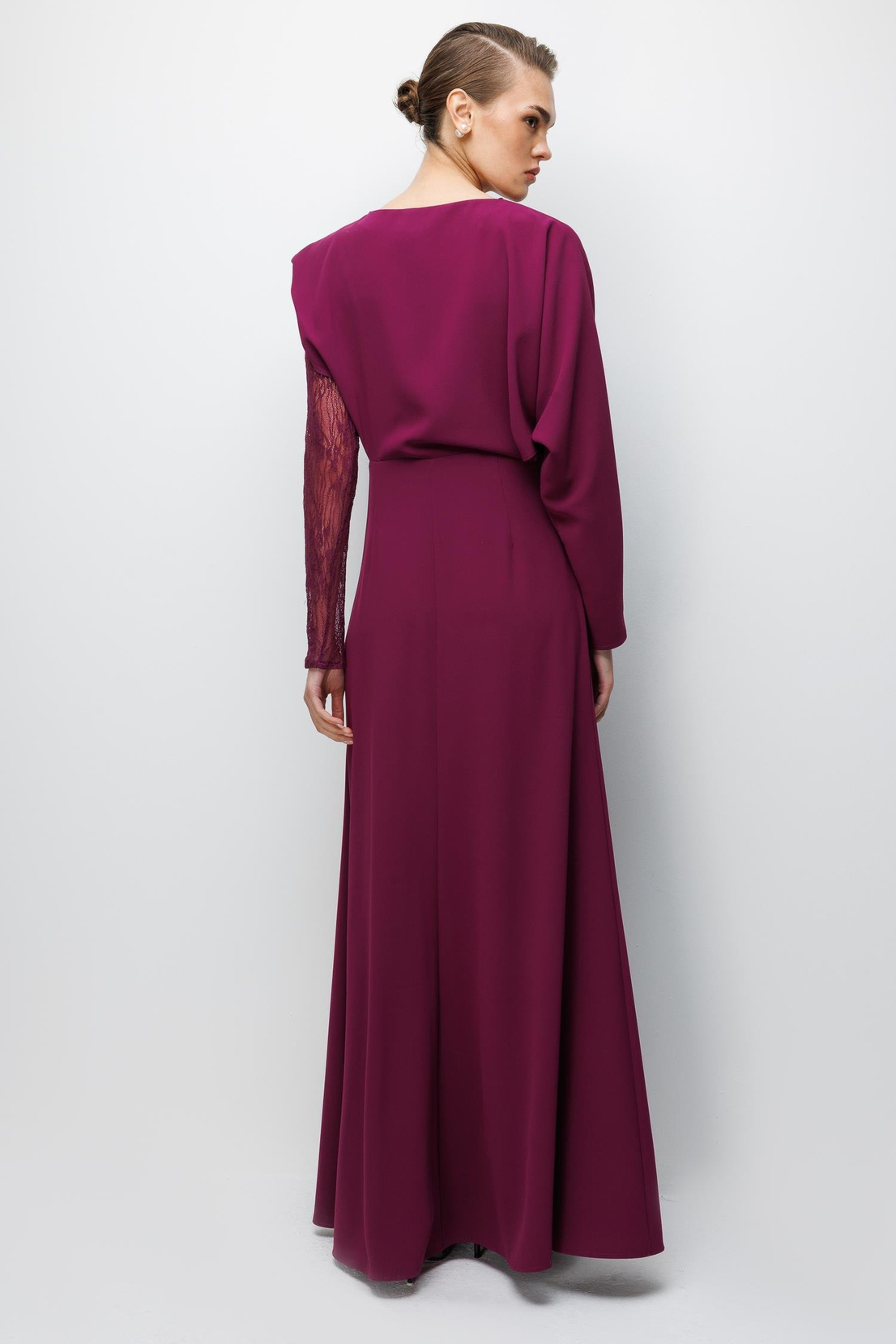 Dantel Kol Krep Yırtmaçlı Elbise MÜRDÜM