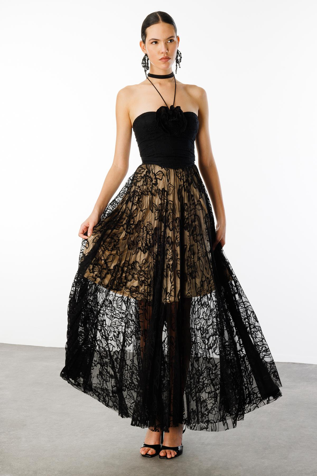 Dantel Lastikli Uzun  Etek SİYAH