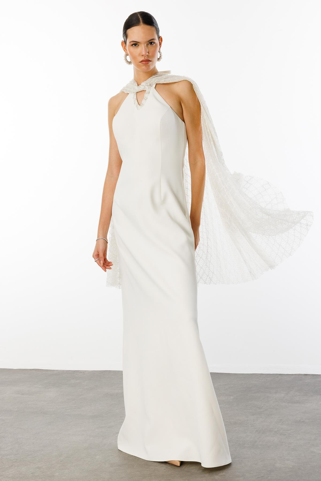 Dantel Pelerinli İşleme Detaylı Abiye Elbise EKRU