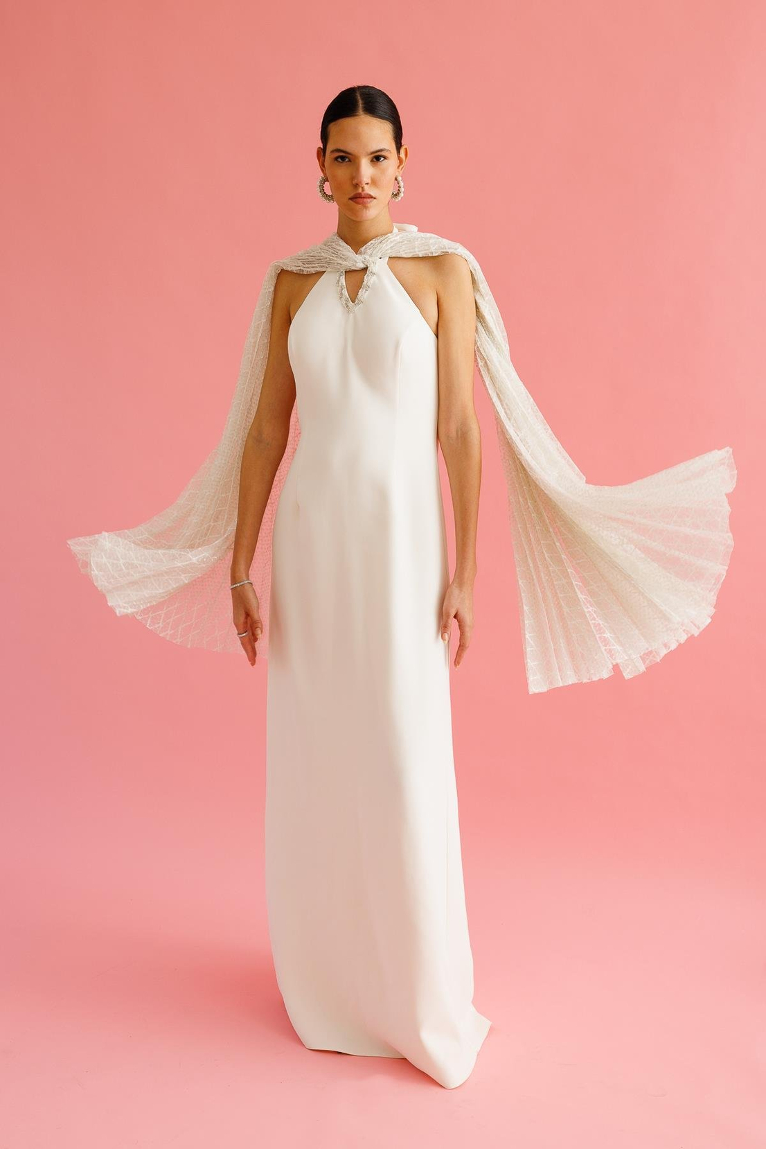 Dantel Pelerinli İşleme Detaylı Abiye Elbise EKRU