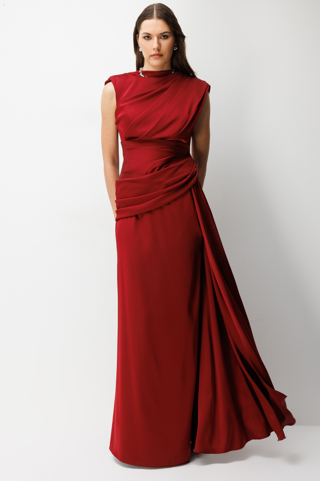 Degaje Yaka Saten Uzun Elbise  BORDO