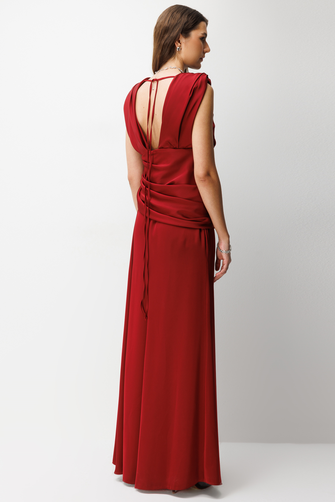 Degaje Yaka Saten Uzun Elbise  BORDO