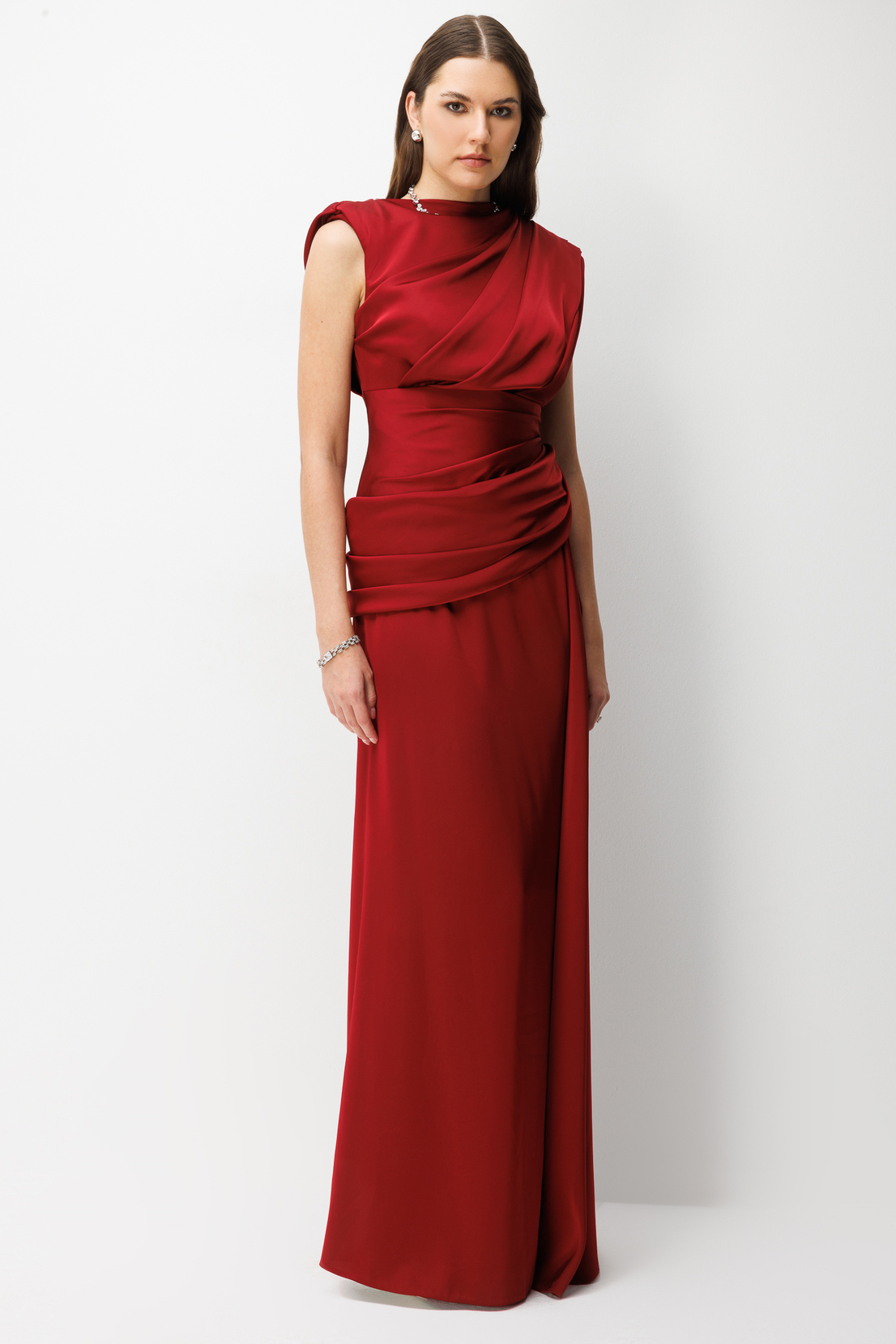 Degaje Yaka Saten Uzun Elbise  BORDO