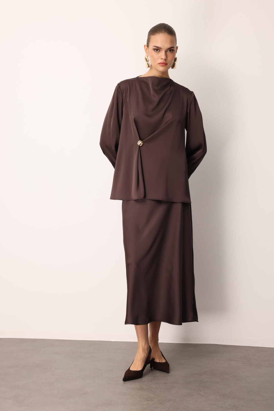 Degaje Yaka Uzun Kol Bluz KAHVE