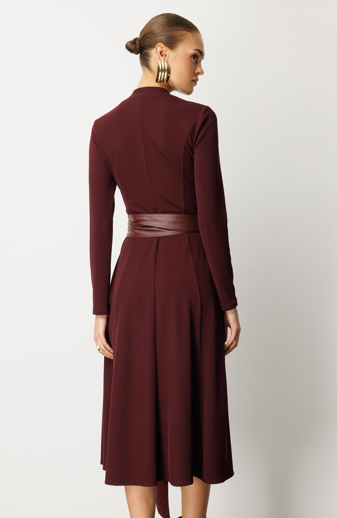 Deri Kuşaklı Örme Elbise BORDO