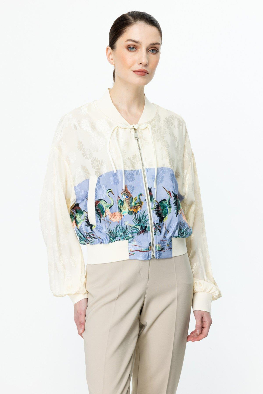 Desenli Parlak Kumaş Ribanalı Ceket MAVİ