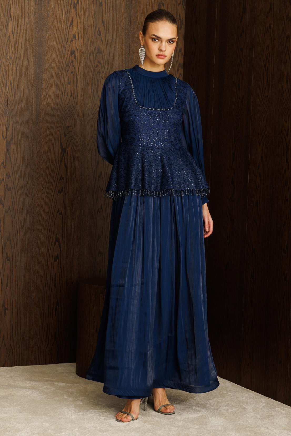 Drape İşlemeli Elbise LACİVERT