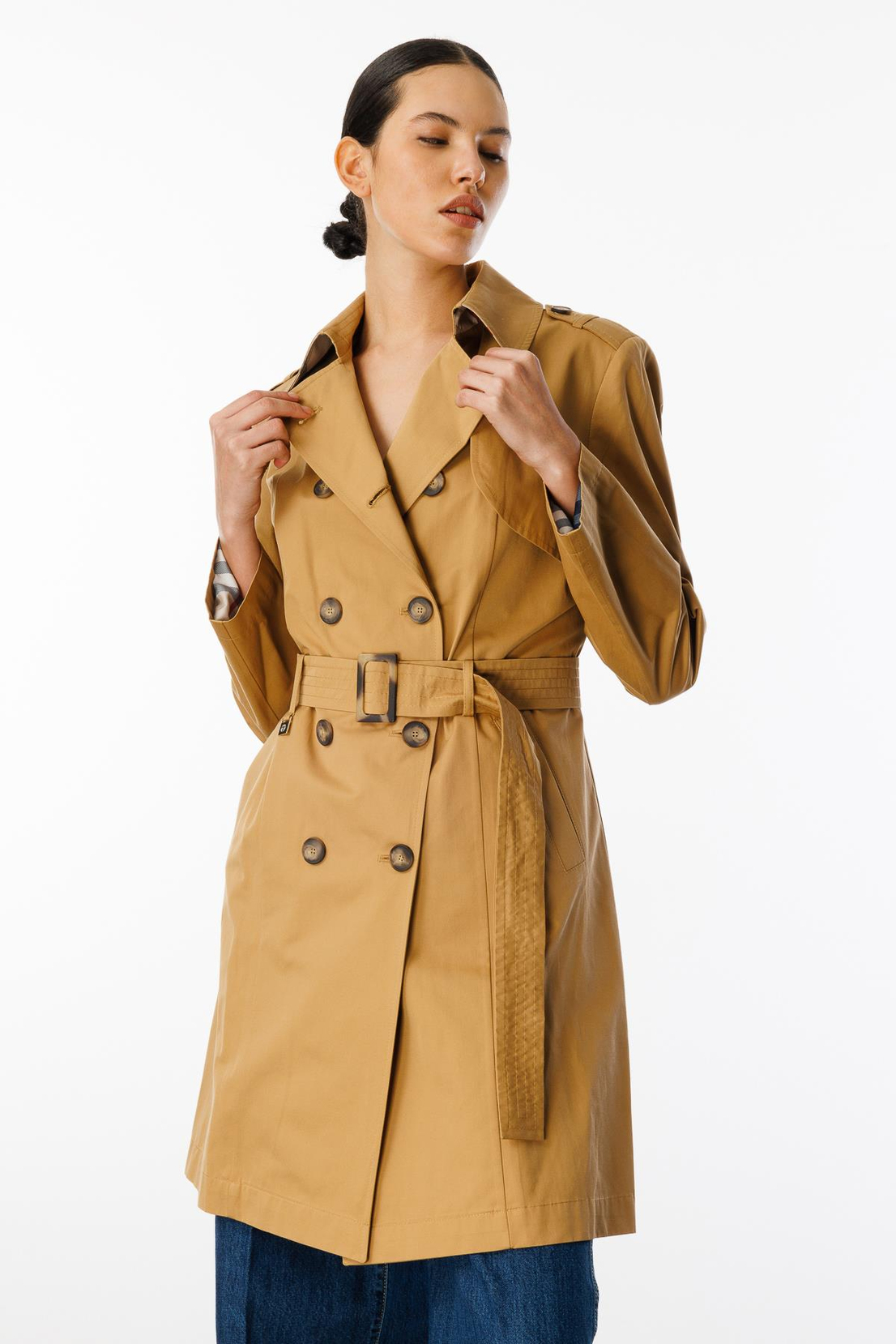 Düğme Kapamalı Kemerli Apoletli Trençkot CAMEL