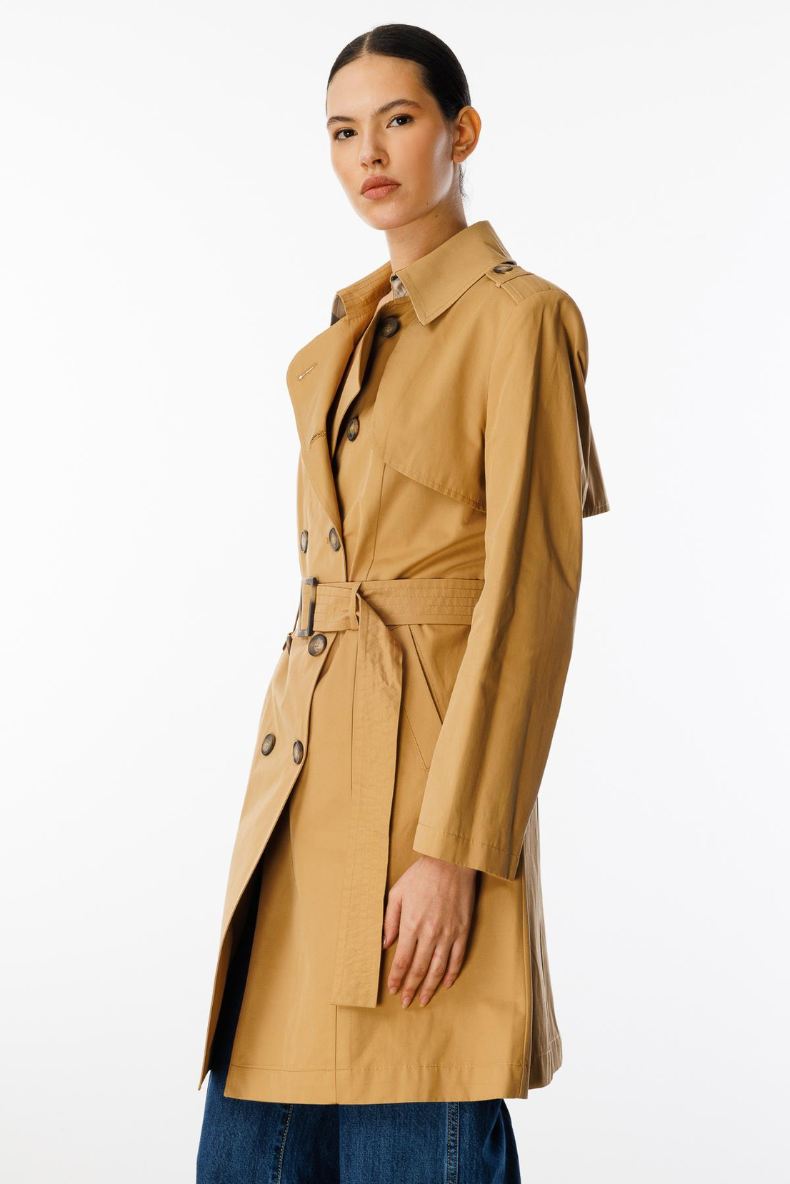 Düğme Kapamalı Kemerli Apoletli Trençkot CAMEL
