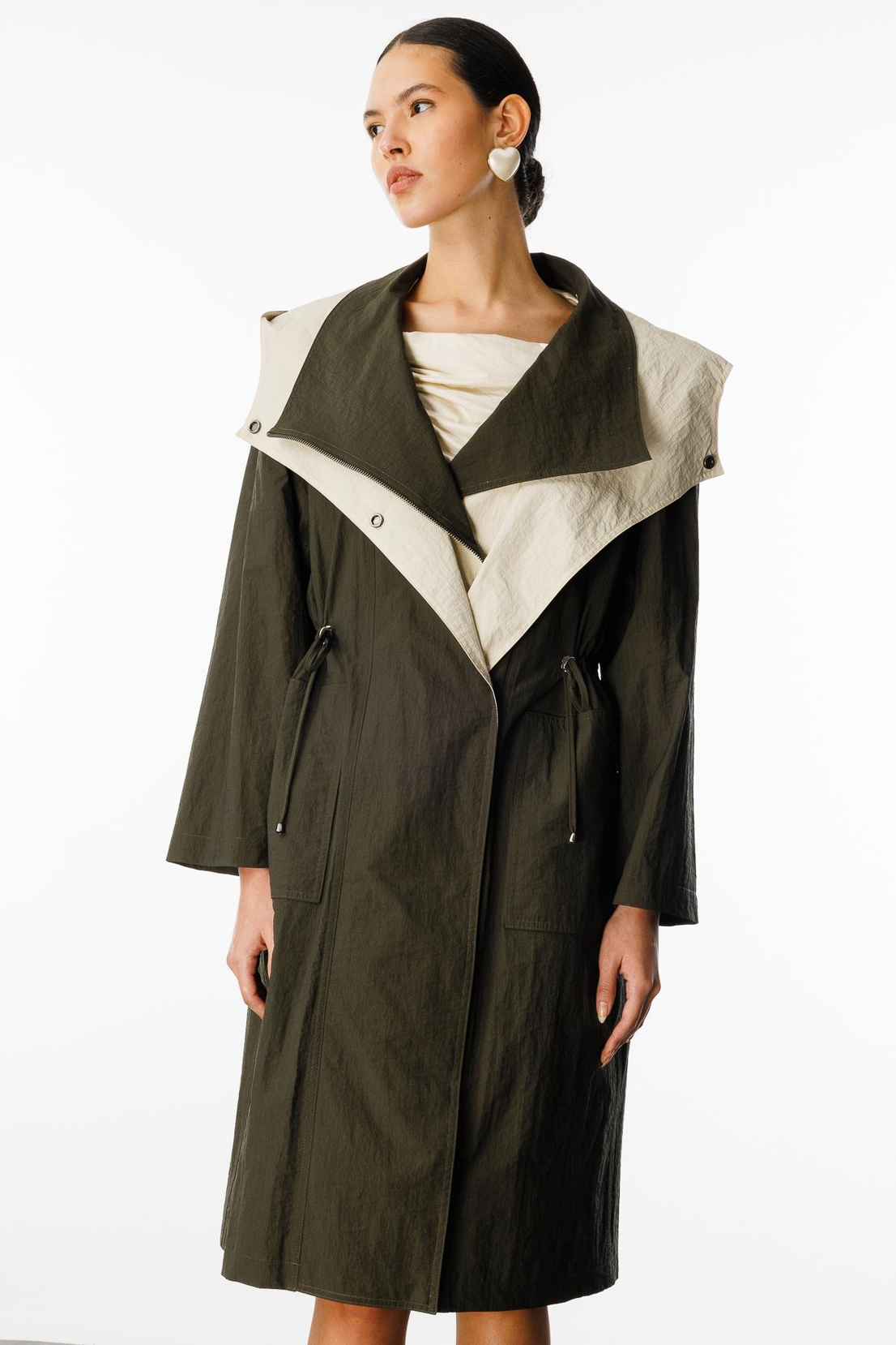 Fermuar Kapama Çift Cepli Dik Yaka Trençkot HAKİ