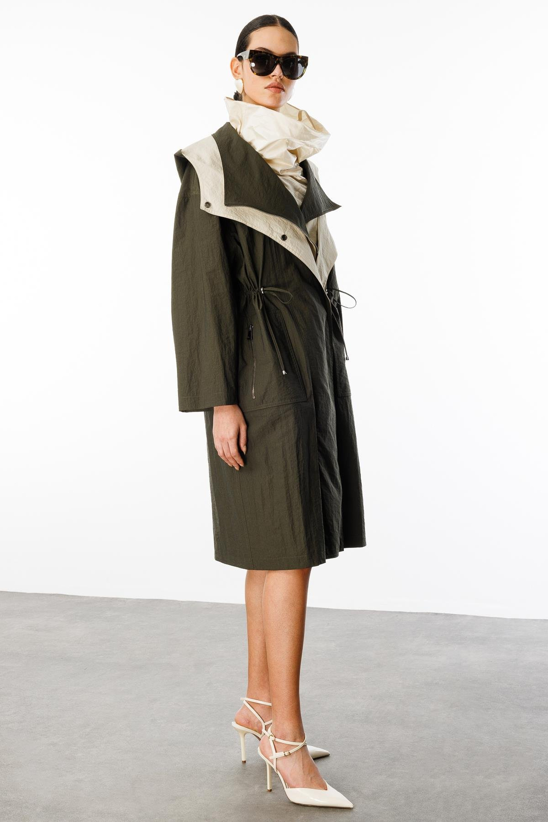 Fermuar Kapama Çift Cepli Dik Yaka Trençkot HAKİ