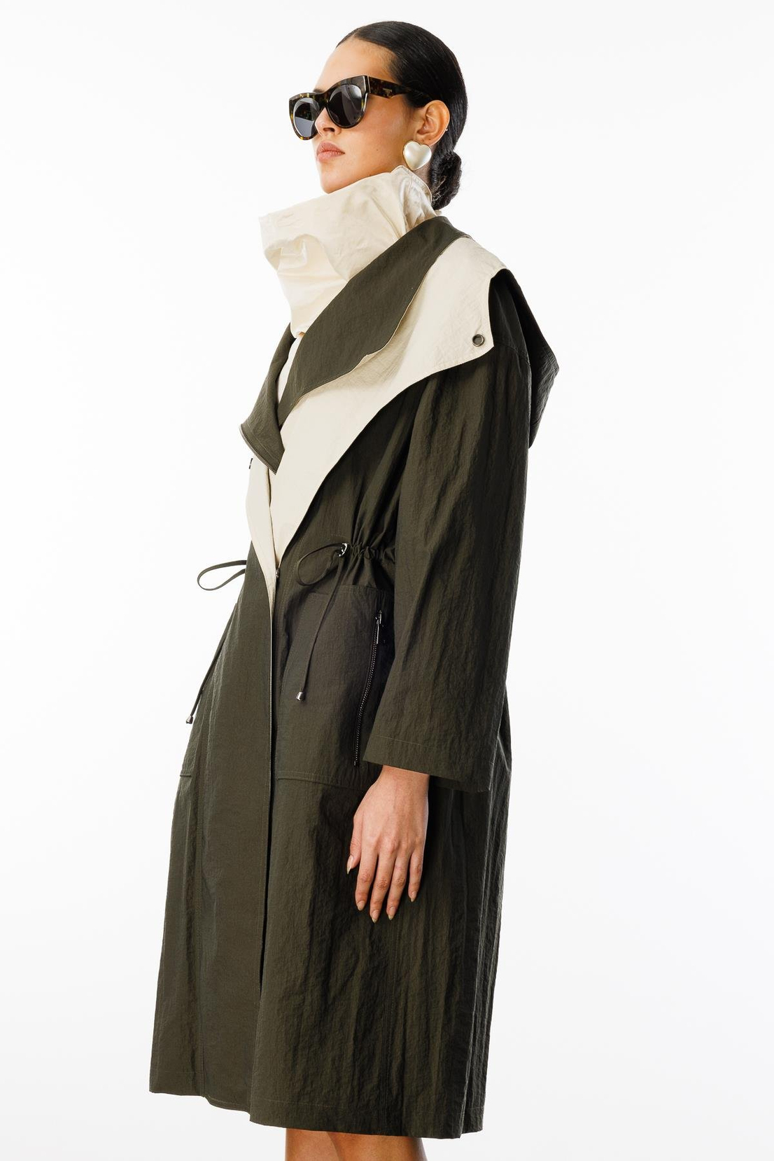 Fermuar Kapama Çift Cepli Dik Yaka Trençkot HAKİ