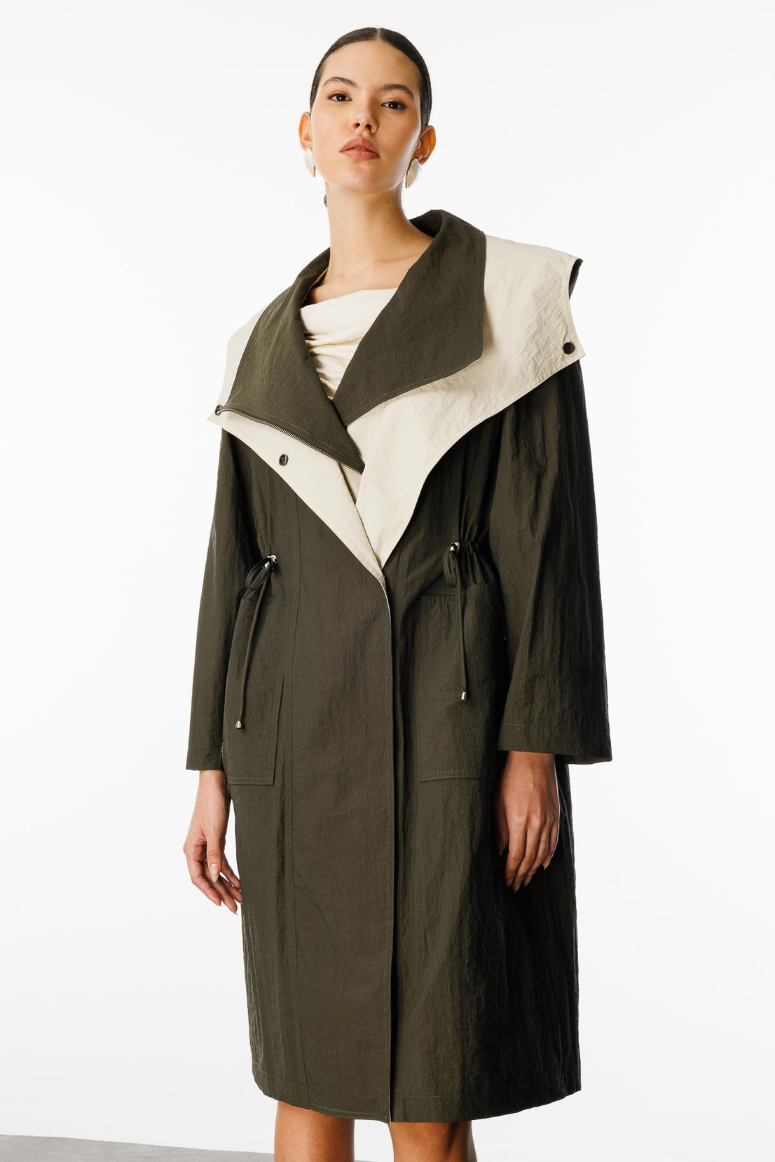 Fermuar Kapama Çift Cepli Dik Yaka Trençkot HAKİ