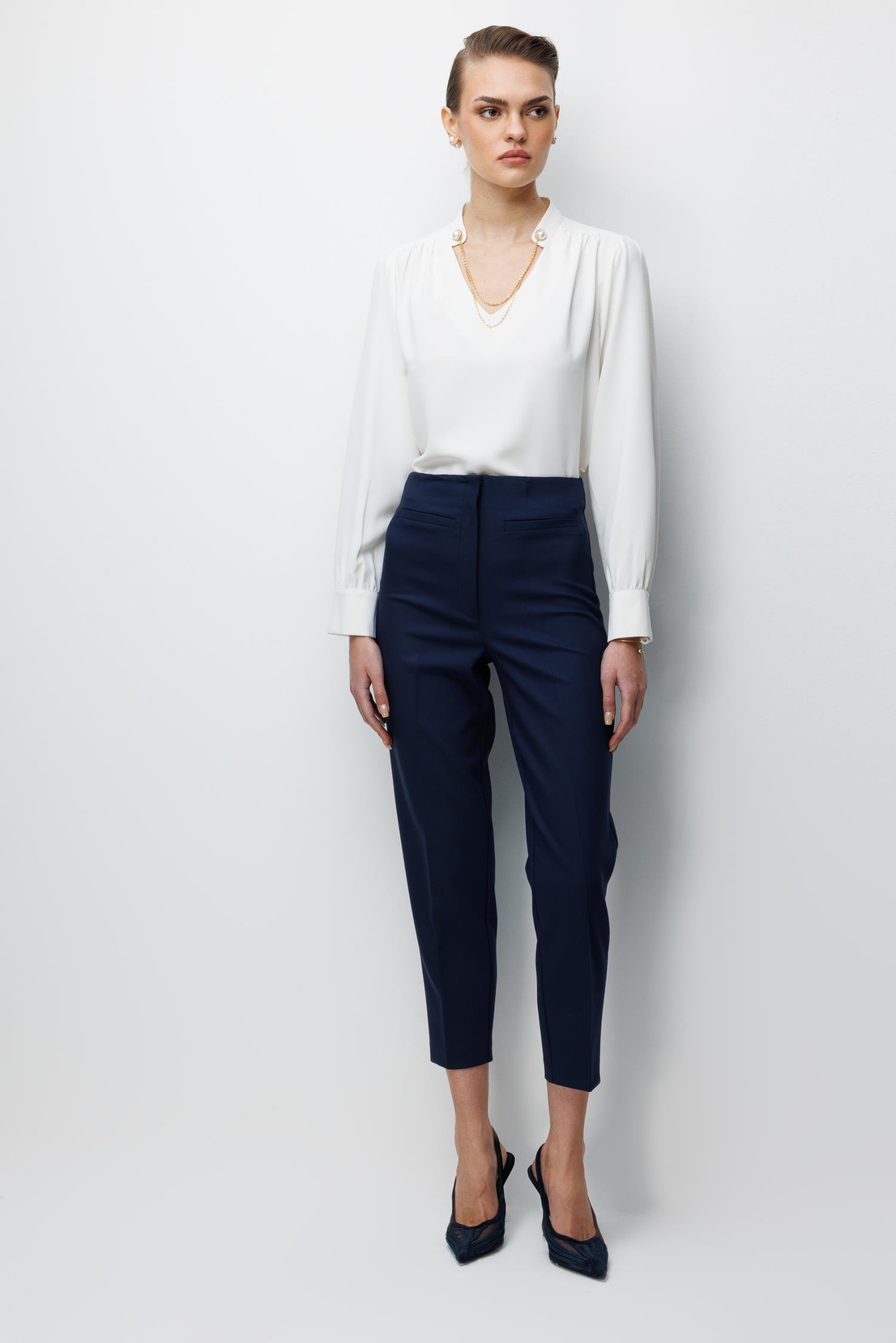 Flato Detaylı Yüksek Bel Pantolon LACİVERT