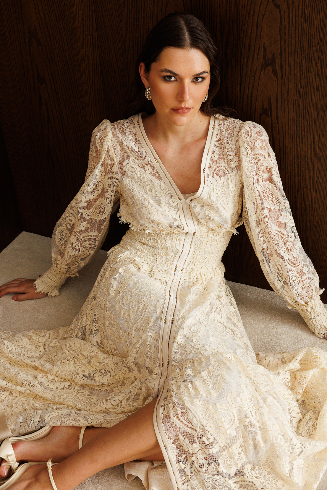 Floral Dantel Detaylı V Yaka Elbise EKRU