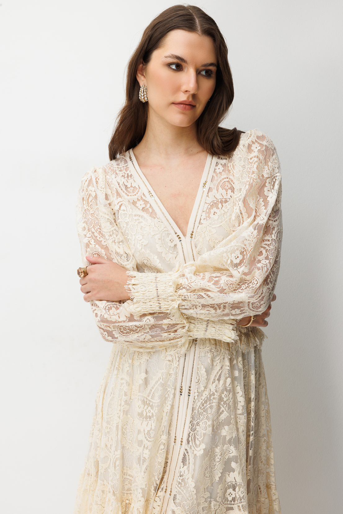 Floral Dantel Detaylı V Yaka Elbise EKRU