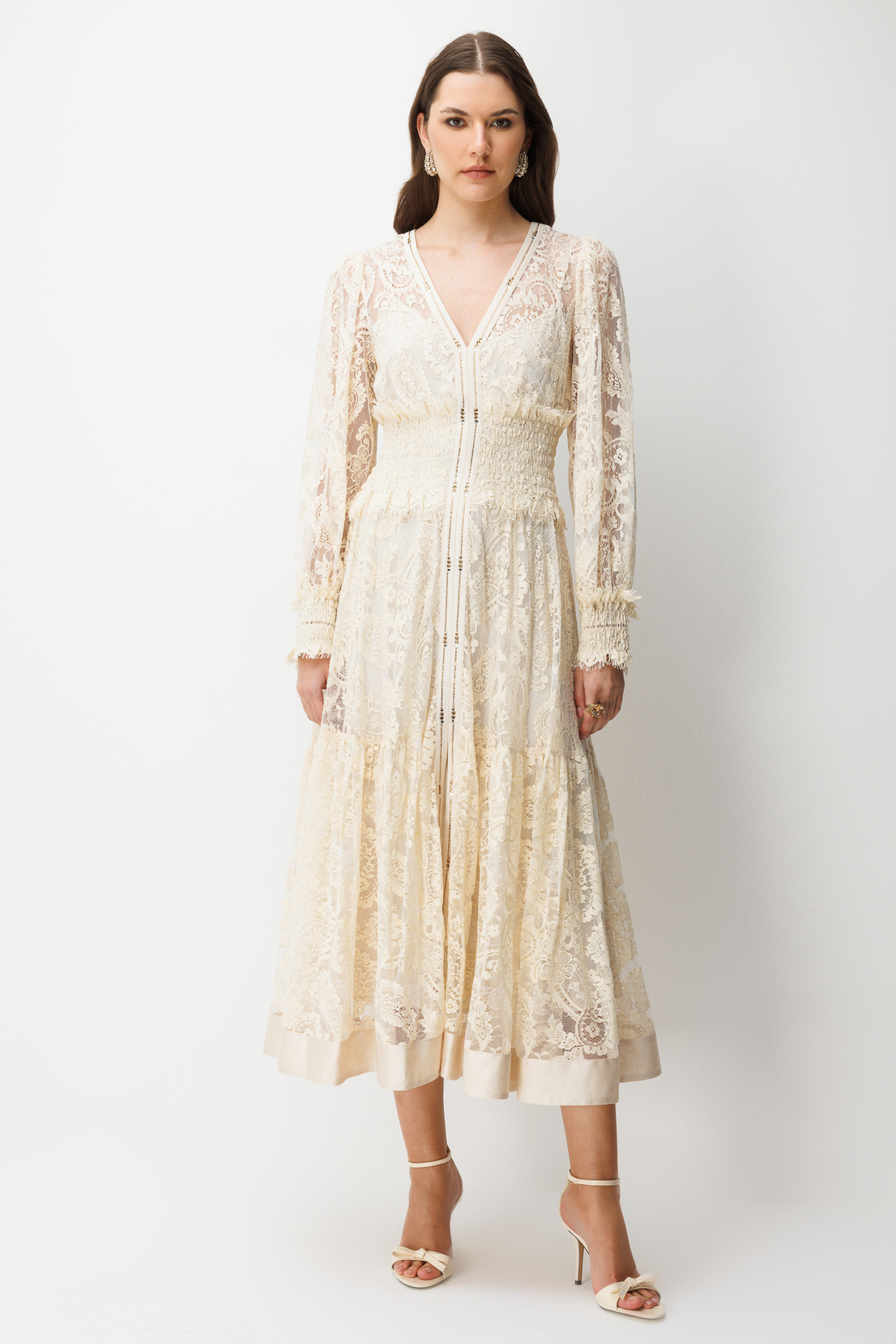 Floral Dantel Detaylı V Yaka Elbise EKRU